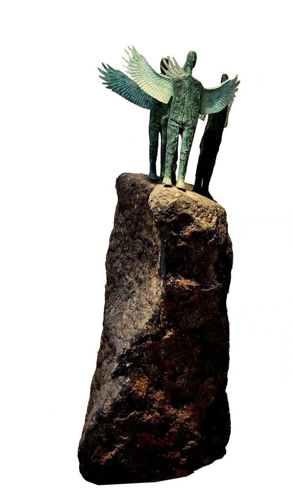 Figures on a rock, with a winged figure at the front.