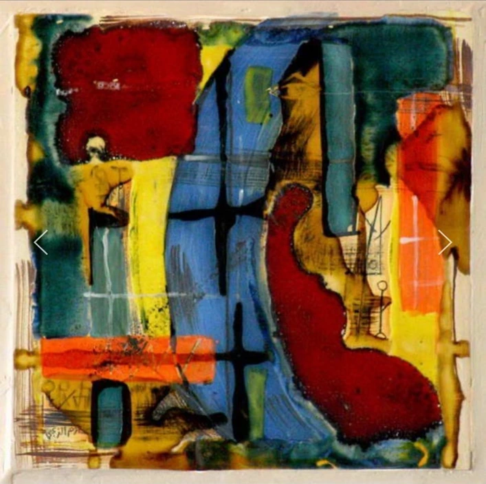 M25: abstract ceramic panel with interlocking blue, red, yellow and green fields crossed by dark lines.
