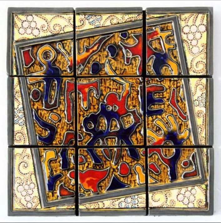 M37 · Nine panels with coloured signs and a tilted inner frame.