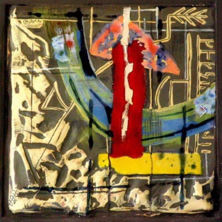 M28: layered abstract panel with a tall red form, blue and green bands and pale incised signs.