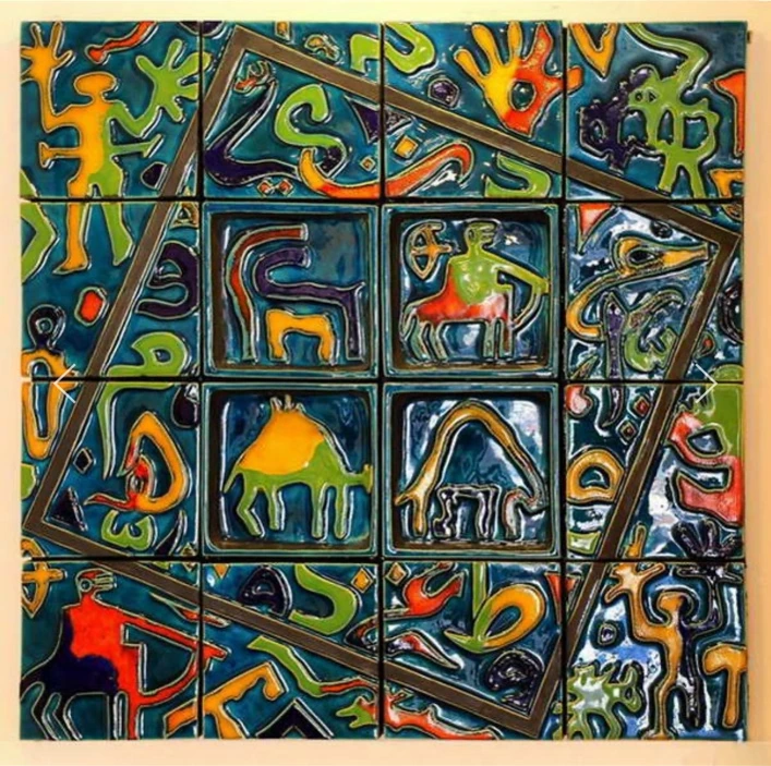 M34 · A blue-ground composition with coloured figures and animals.