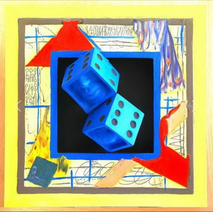 M29: two blue dice with faces, set in a black recess within a bright yellow, red and blue frame.