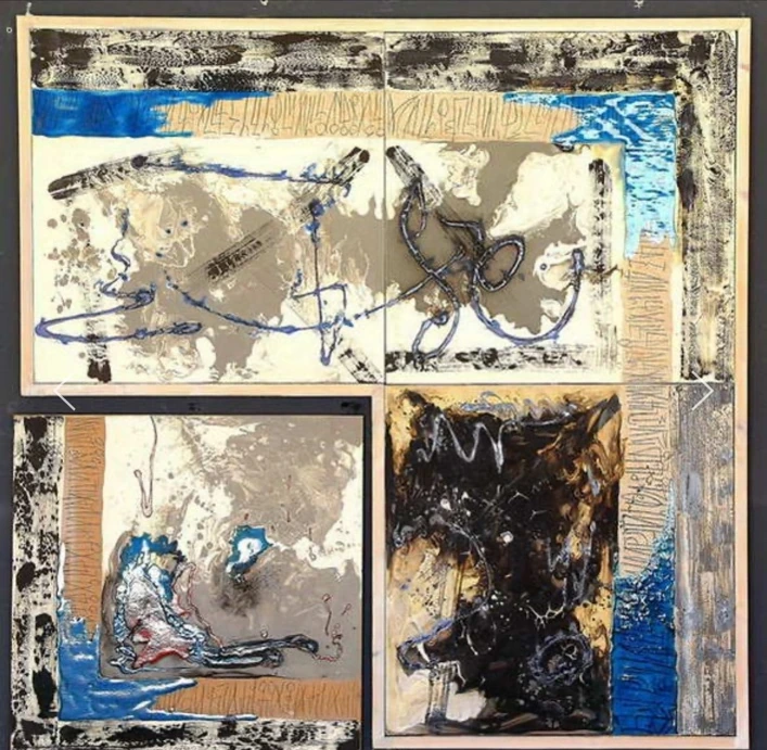M30: four-part wall composition with blue bands, cream and grey textures and a dark lower-right panel.