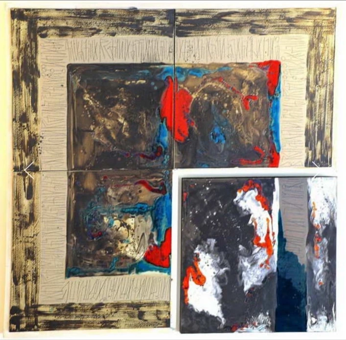 M32: layered square panels with dark glazing, red and blue marks and a white-framed section at lower right.