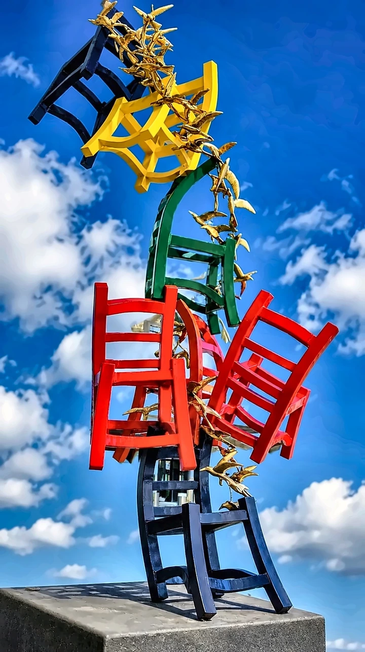 A three-metre column of painted chairs in navy, yellow, green and red, tilting as if falling, with gilded bronze birds streaming through the gaps, on a stone plinth against a blue sky.