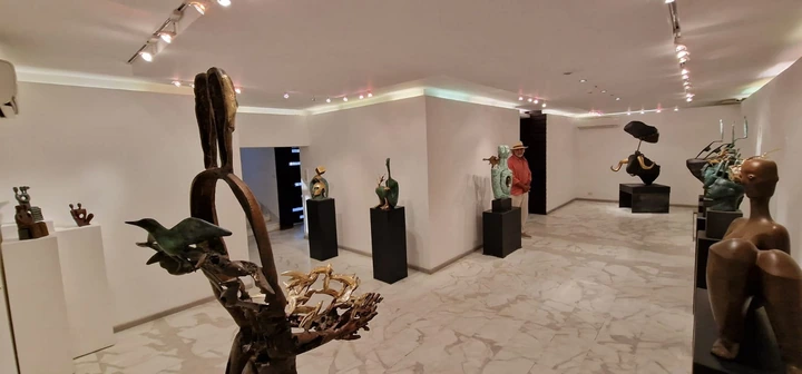 Across the hall, from the twin figure and its birds to the stone works.