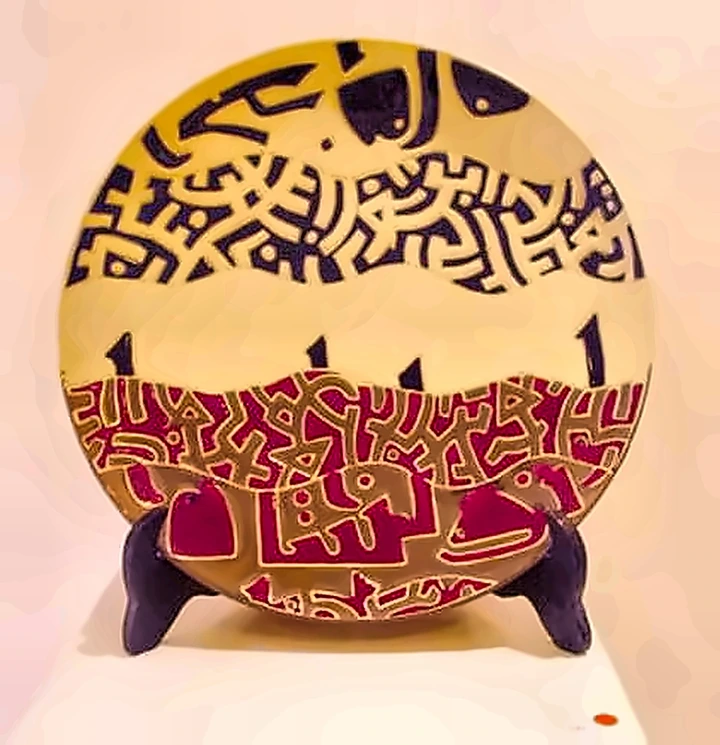 A plate divided between a yellow field of black interlace and a red field of pale animal figures.