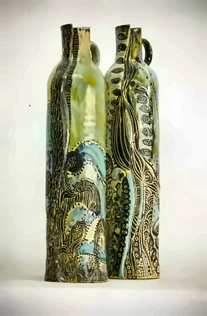 Four tall green bottles, deeply carved and glazed in mottled green and blue.