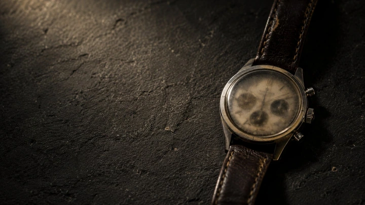 Steel wristwatch on rough basalt; an atmospheric still, not the artist’s own watch.