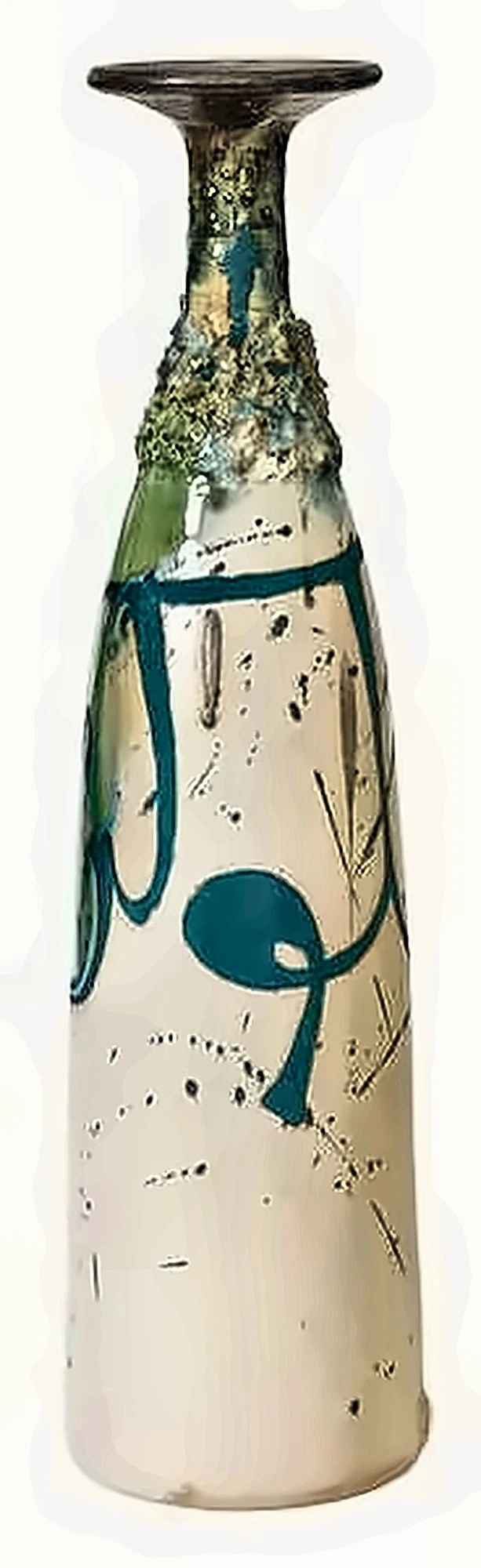A tall white bottle with teal brushwork and an encrusted glaze collar at the neck.