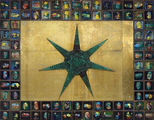 A large panel: a green eight-pointed star on a gold ground, bordered on all four sides by roughly a hundred small tiles, each a painted face in a different colour.